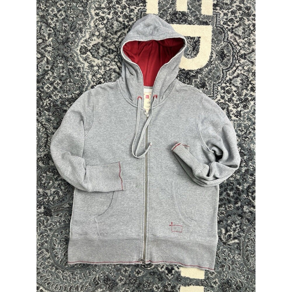 Vintage Gap Hoodie Men Medium Gray Full Zip Red Stitching Distressed Raw Edge